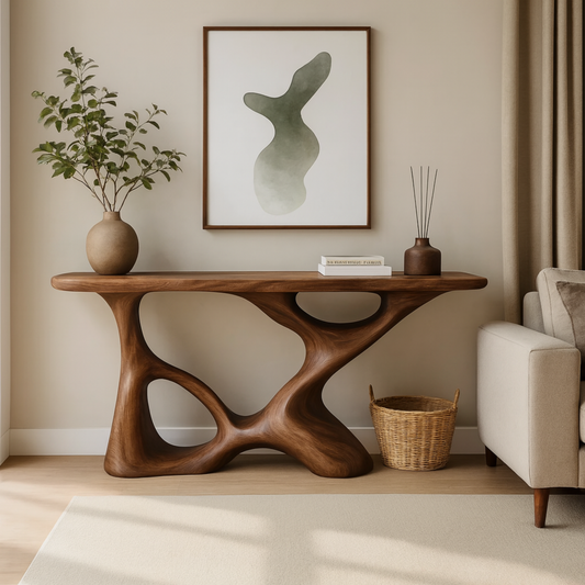 Handcrafted Solid Wood Sculptural Console Table – Modern Organic Design