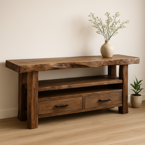 Handcrafted Solid Wood Live Edge Console Table – Rustic Walnut Design with Drawers and Open Shelf