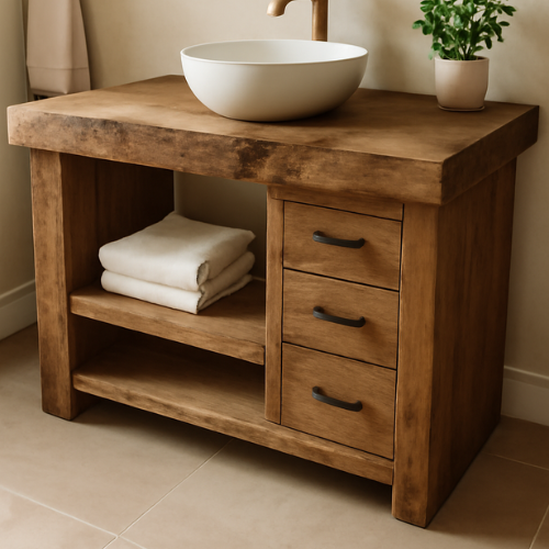 Handcrafted Solid Wood Bathroom Vanity with Side Drawers and Open Shelf – Rustic Natural Finish