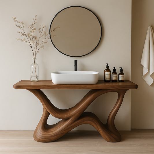 Handcrafted Solid Wood Bathroom Vanity with Sculptural Base