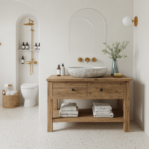 Handcrafted Solid Oak Bathroom Vanity with Double Drawers – Rustic Natural Wood Sink Console
