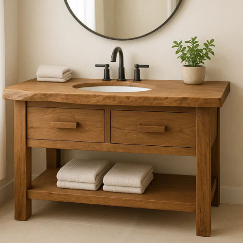 Handcrafted Solid Oak Bathroom Vanity with Oval Sink Cutout and Dual Drawers – Natural Live Edge Design