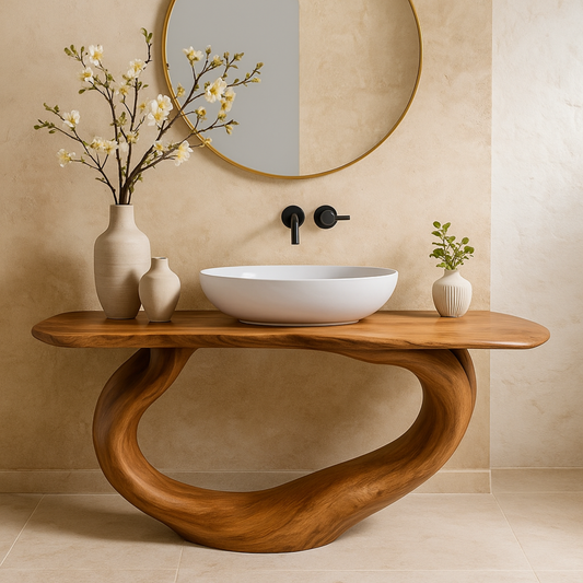 Handcrafted Solid Wood Live Edge Bathroom Vanity with Sculptural Curved Base Modern Organic Design