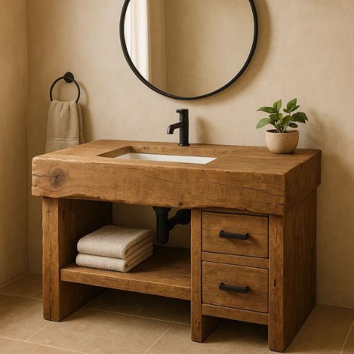 Handcrafted Solid Wood Bathroom Vanity with Side Drawers and Open Shelf – Rustic Natural Finish