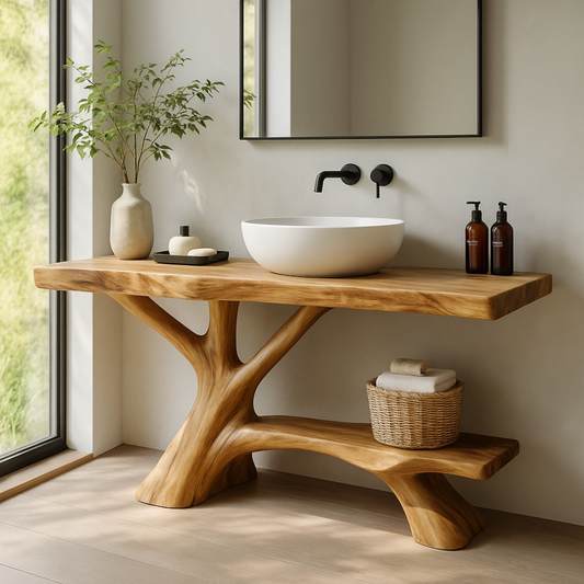 Organic Solid Wood Bathroom Vanity – Handcrafted Sculptural Tree-Form Design