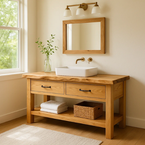 Handcrafted Solid Oak Bathroom Vanity with Live Edge Top and Open Shelf – Natural Matte Finish