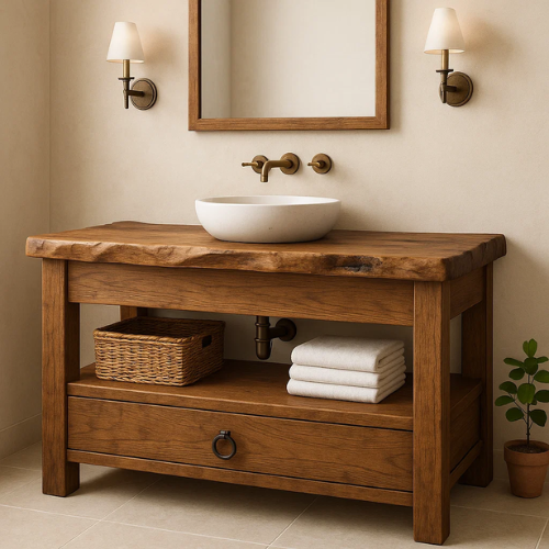 Handcrafted Live Edge Bathroom Vanity – Solid Wood Design with Drawer & Open Shelf – Rustic Farmhouse Vanity for Natural Modern Interiors