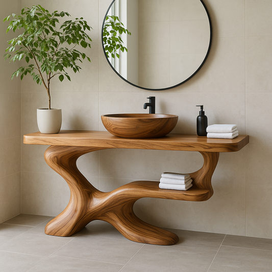 Organic Solid Wood Bathroom Vanity with Vessel Sink – Handcrafted Sculptural Design