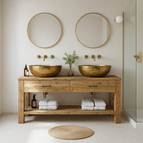 Handcrafted Solid Oak Double Bathroom Vanity with Gold Basins – Rustic Modern Design