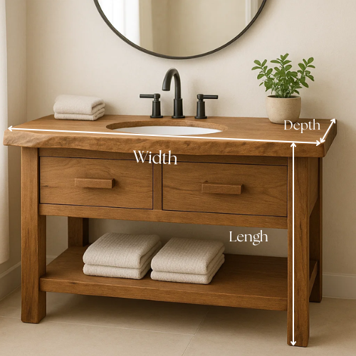 Handcrafted Solid Oak Bathroom Vanity with Oval Sink Cutout and Dual Drawers – Natural Live Edge Design
