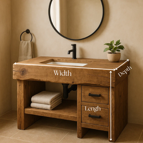 Handcrafted Solid Wood Bathroom Vanity with Side Drawers and Open Shelf – Rustic Natural Finish