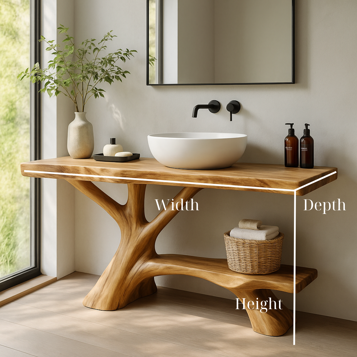 Organic Solid Wood Bathroom Vanity – Handcrafted Sculptural Tree-Form Design