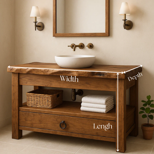Handcrafted Live Edge Bathroom Vanity – Solid Wood Design with Drawer & Open Shelf – Rustic Farmhouse Vanity for Natural Modern Interiors