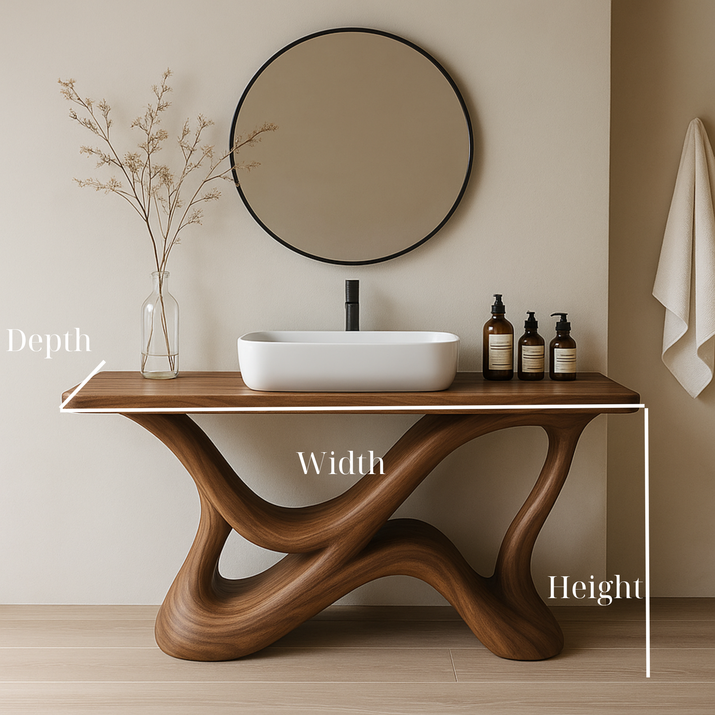 Handcrafted Solid Wood Bathroom Vanity with Sculptural Base