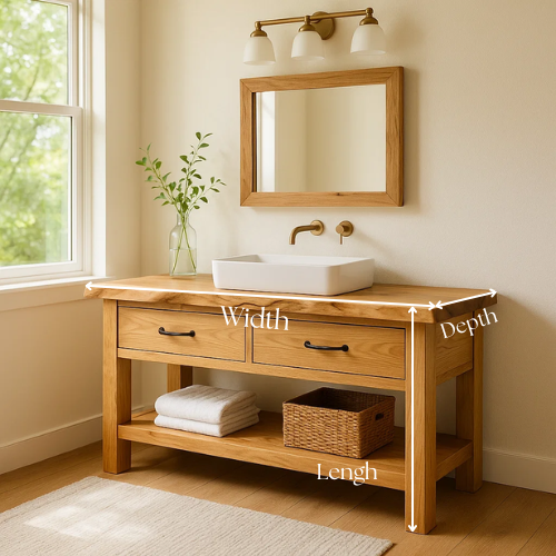 Handcrafted Solid Oak Bathroom Vanity with Live Edge Top and Open Shelf – Natural Matte Finish