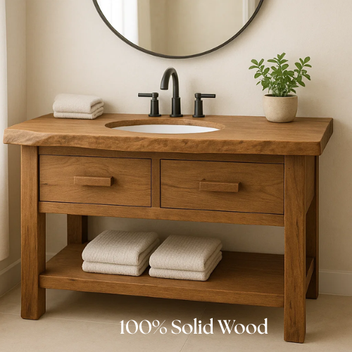 Handcrafted Solid Oak Bathroom Vanity with Integrated Sink Cutout – Live Edge Wood Console