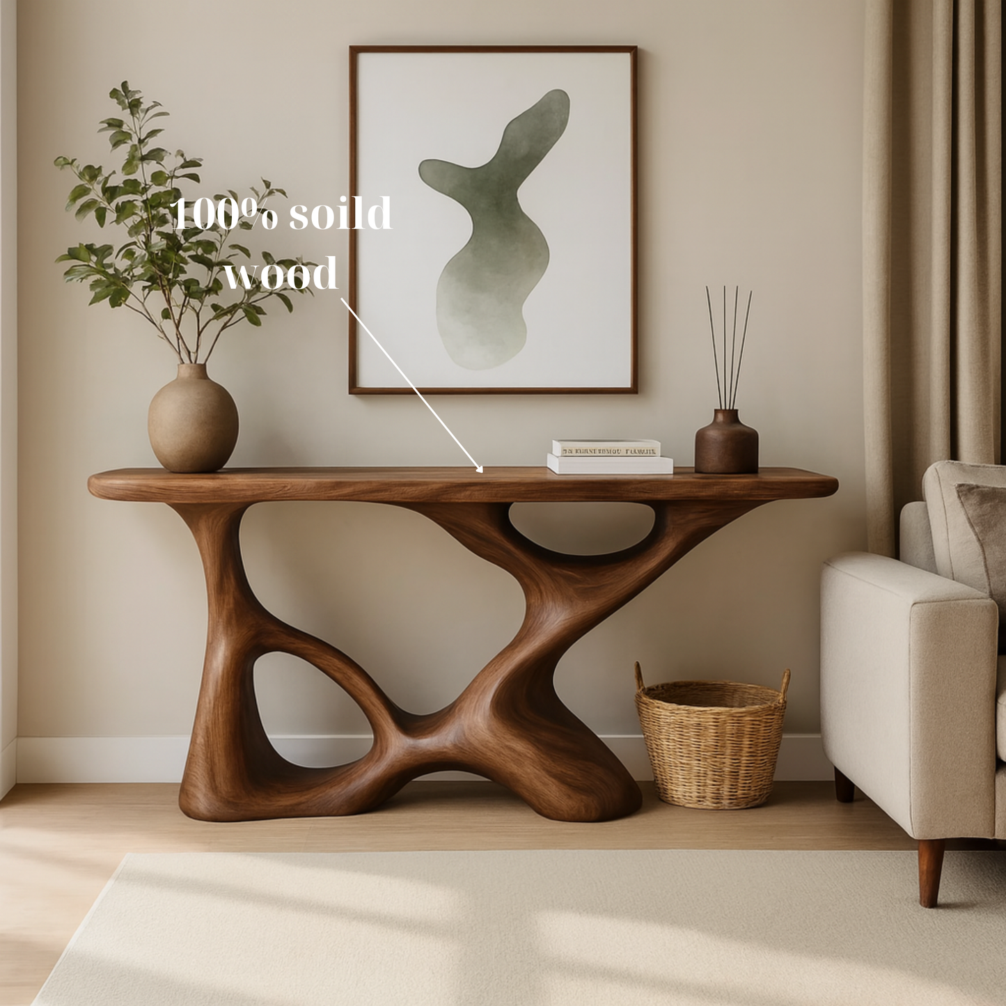 Handcrafted Solid Wood Sculptural Console Table – Modern Organic Design