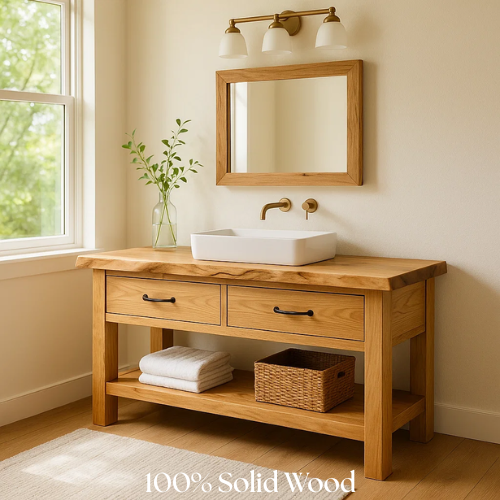 Handcrafted Solid Oak Bathroom Vanity with Live Edge Top and Open Shelf – Natural Matte Finish