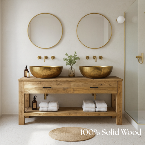 Handcrafted Solid Oak Double Bathroom Vanity with Gold Basins – Rustic Modern Design