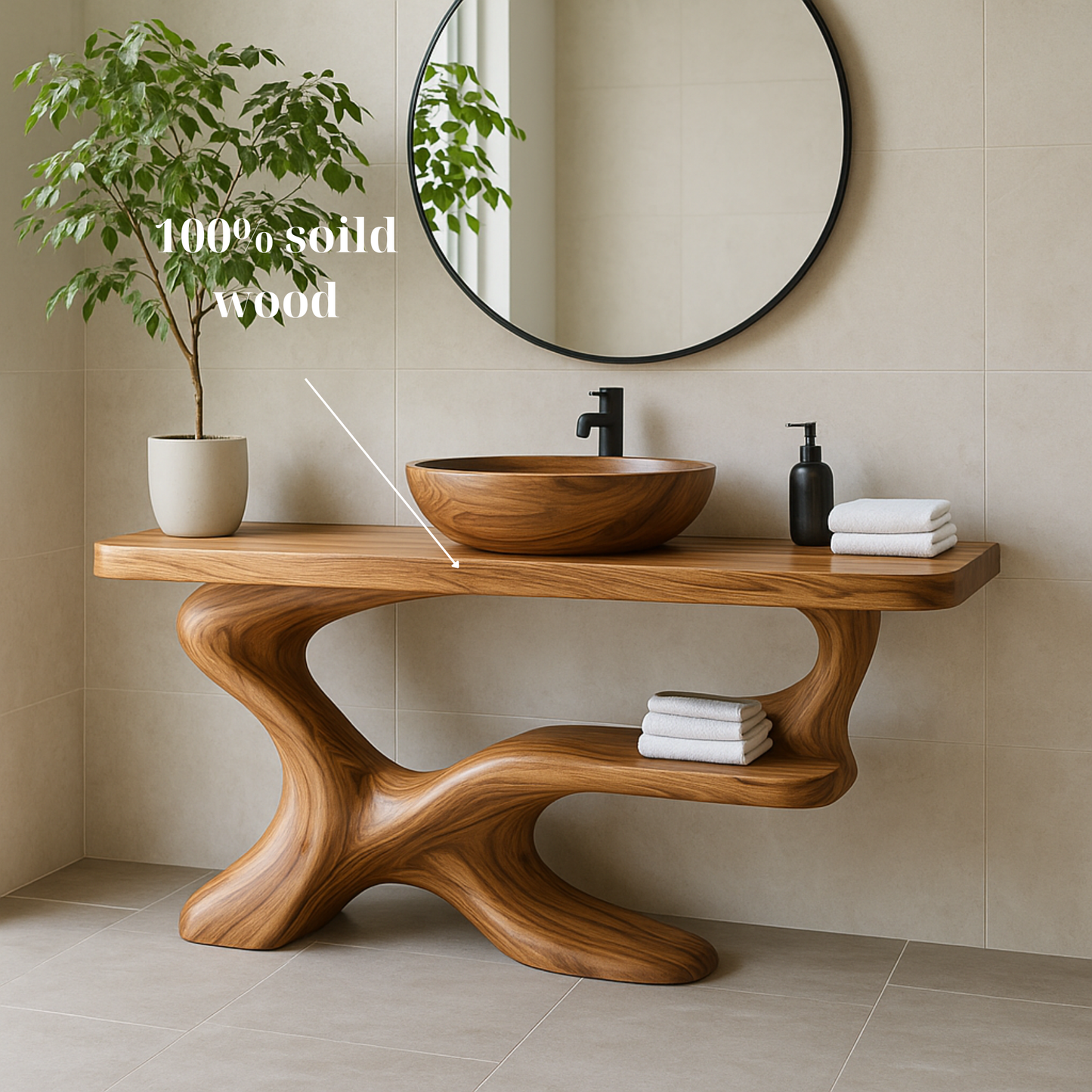 Organic Solid Wood Bathroom Vanity with Vessel Sink – Handcrafted Sculptural Design