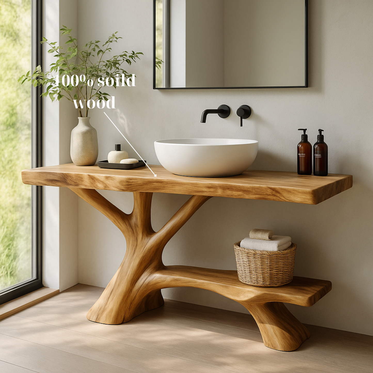 Organic Solid Wood Bathroom Vanity – Handcrafted Sculptural Tree-Form Design