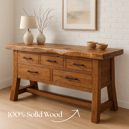 Handcrafted Solid Wood Rustic Console Table with Live Edge Top and Five Drawers