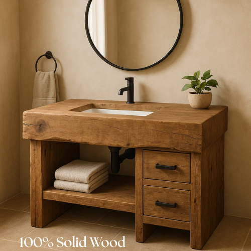 Handcrafted Solid Wood Bathroom Vanity with Side Drawers and Open Shelf – Rustic Natural Finish