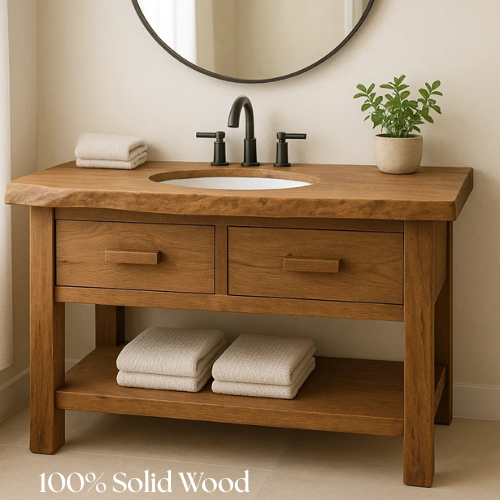 Handcrafted Solid Oak Bathroom Vanity with Oval Sink Cutout and Dual Drawers – Natural Live Edge Design