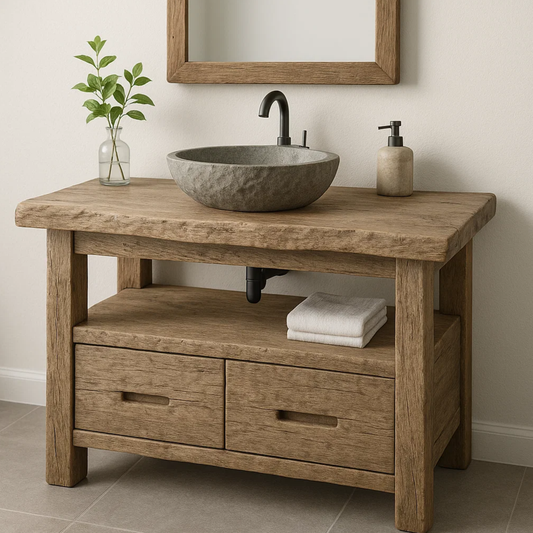 Handcrafted Solid Wood Bathroom Vanity – Rustic Oak Single Sink Vanity with Drawers and Open Shelf