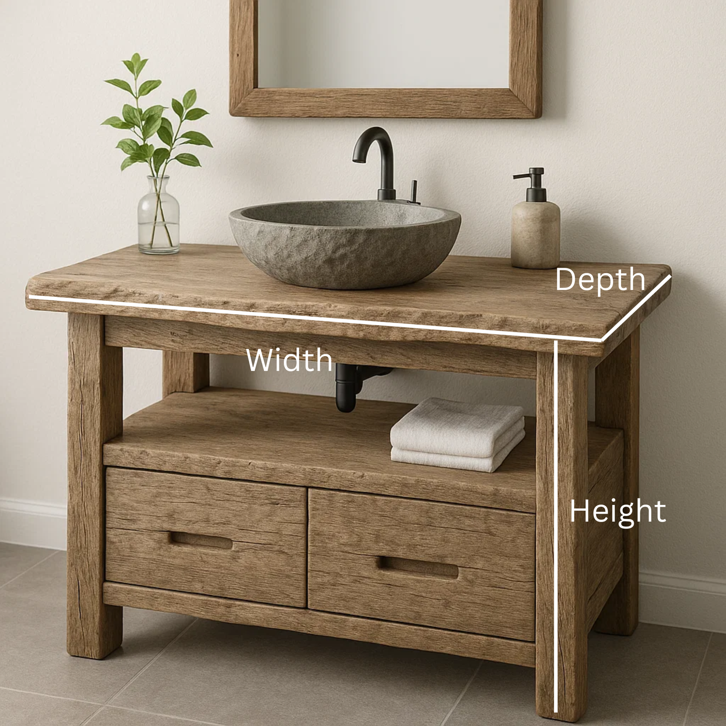 Handcrafted Solid Wood Bathroom Vanity – Rustic Oak Single Sink Vanity with Drawers and Open Shelf