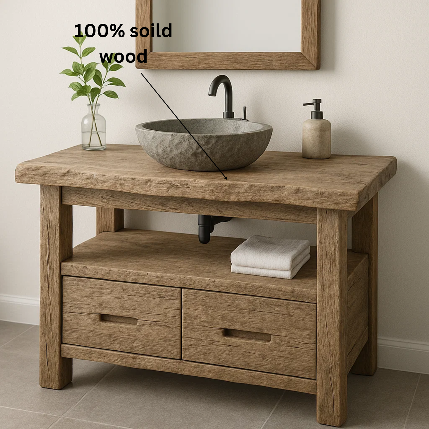 Handcrafted Solid Wood Bathroom Vanity – Rustic Oak Single Sink Vanity with Drawers and Open Shelf