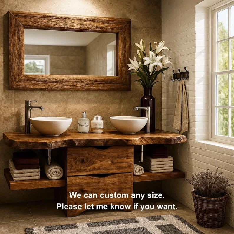 Handcrafted Solid Wood Bathroom Vanity – Rustic Walnut Double Sink Vanity with Live Edge Top and Drawers