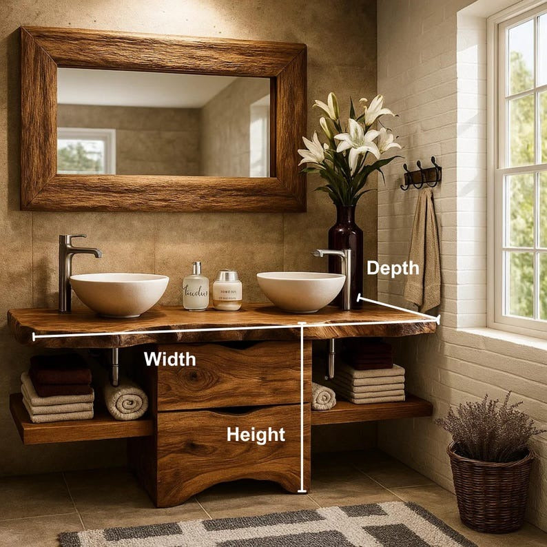 Handcrafted Solid Wood Bathroom Vanity – Rustic Walnut Double Sink Vanity with Live Edge Top and Drawers