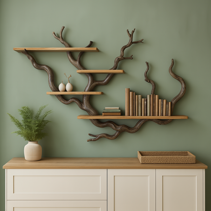 Driftwood shelf art floating bookshelf tree branch shelves wall mount solid wood bookshelves