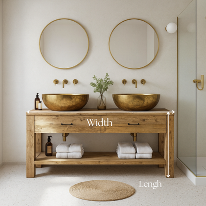 Handcrafted Solid Oak Double Bathroom Vanity with Gold Basins – Rustic Modern Design