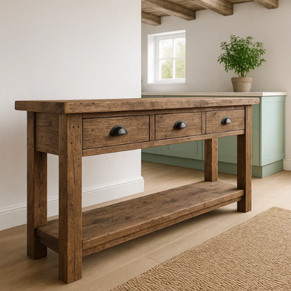 Rustic Solid Wood Console Table with Black Iron Handles, Handcrafted