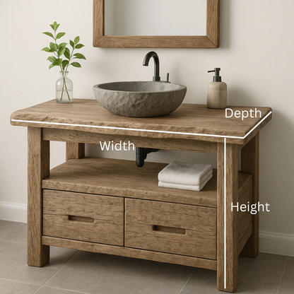 Handcrafted Solid Wood Bathroom Vanity – Rustic Oak Single Sink Vanity with Drawers and Open Shelf